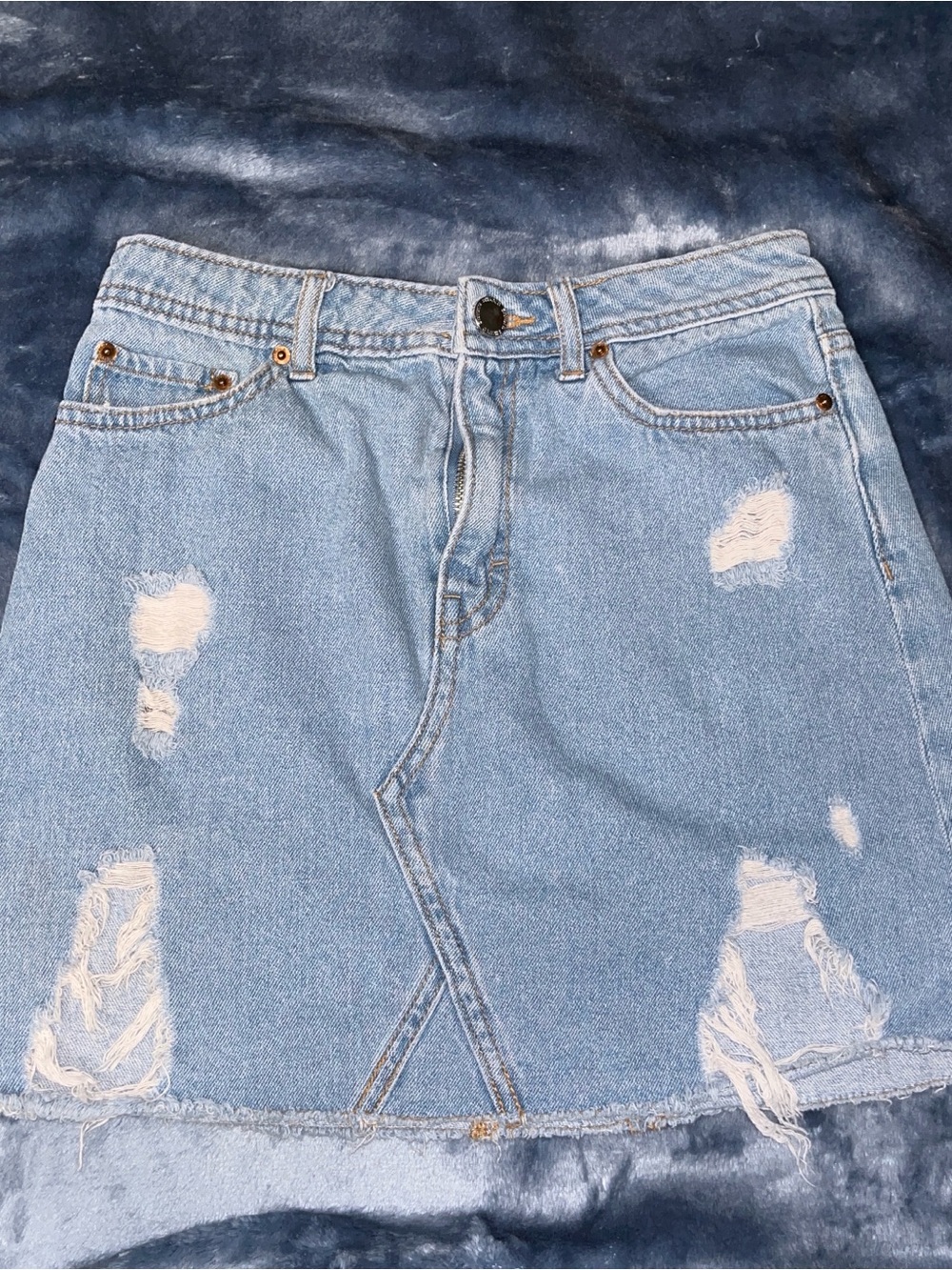 Light Blue Distressed Denim Skirt - Women's Casual Mini
